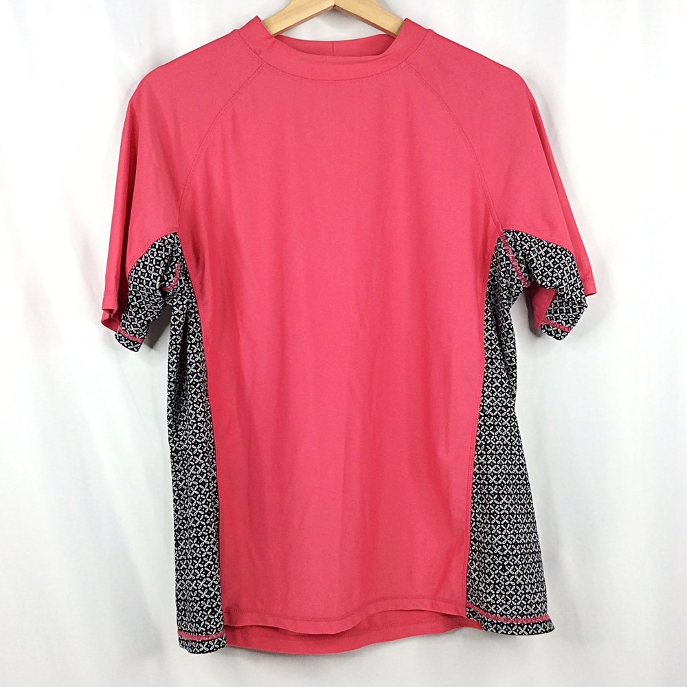 UV Skinz UPF 50+ Rash Guard Top Womens XL Coral Black Contrast Short Sleeve Swim